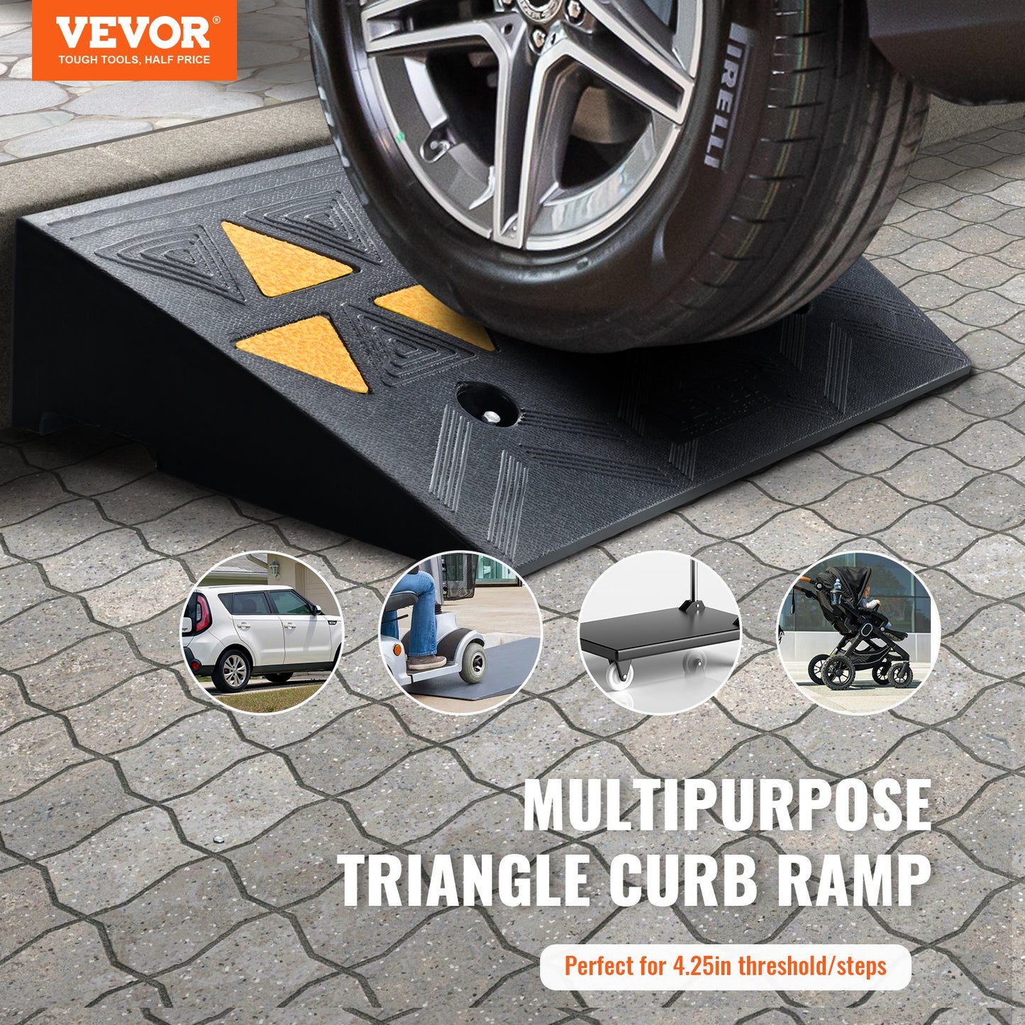 Heavy Duty Rubber Curb Ramp 4.25' Rise for Vehicles & Wheelchairs - Black