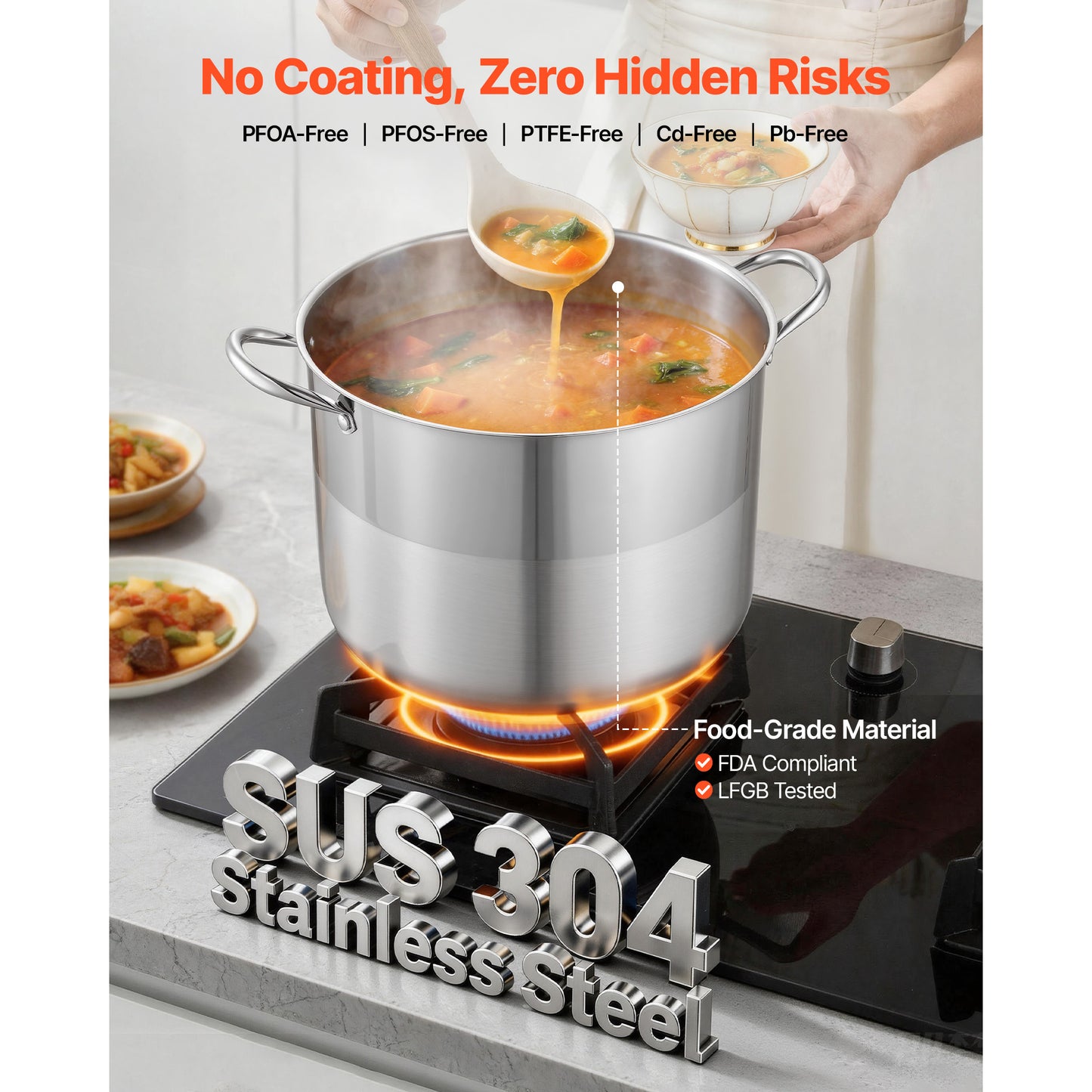 16-Quart Stainless Steel Stock Pot with Glass Lid - PFOA & PFAS-Free, Compatible with Gas & Induction Stoves for Soups, Stews, Pasta