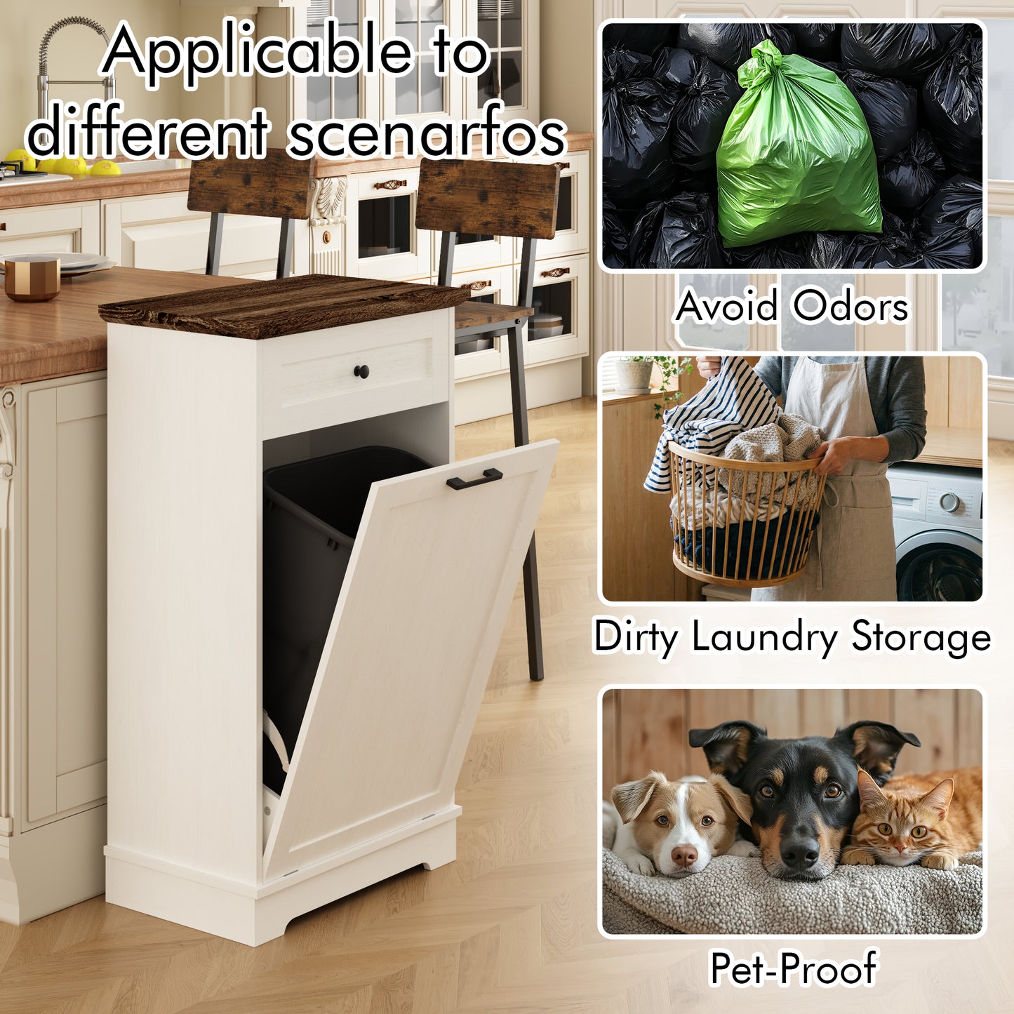 Tilt-Out Trash Cabinet - Freestanding Wood Recycling Bin with Drawer, Antique Brown & White