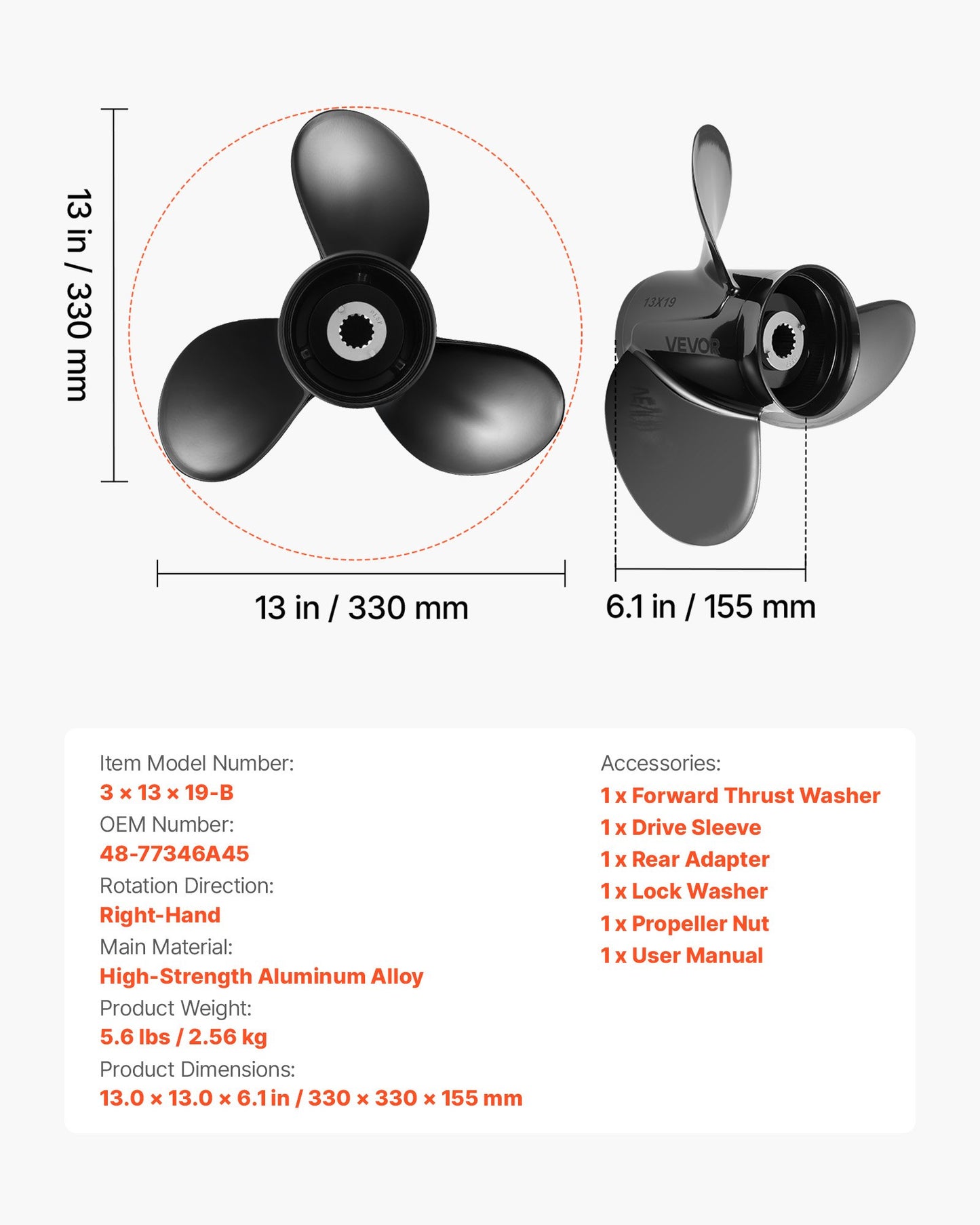Marine Outboard Propeller 3-Blade RH Fit Mercury 40-140 HP Aluminum