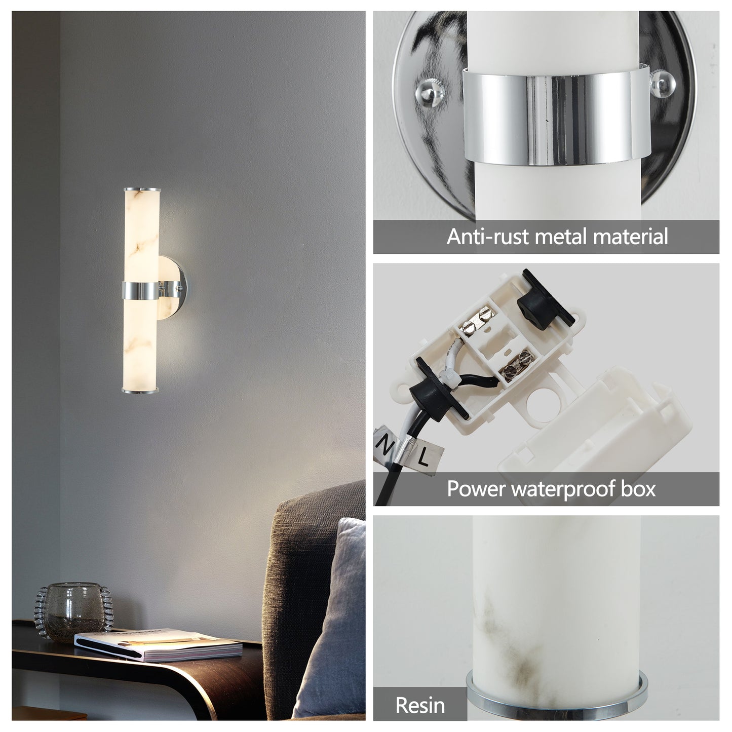 Set of 2 Modern Marble Texture Wall Sconces - Chrome Trim