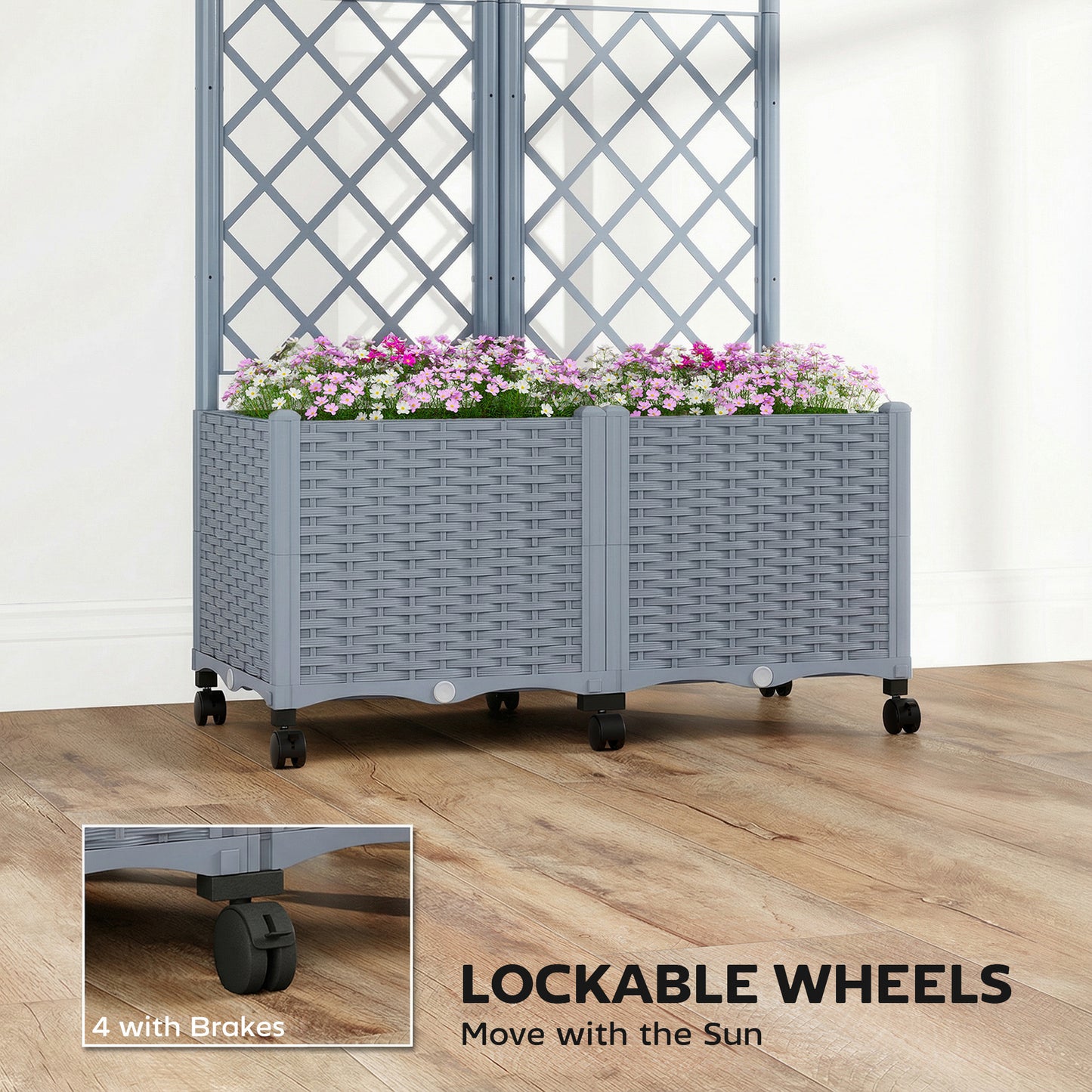 Self Watering Raised Garden Bed with Trellis and Lockable Wheels - Gray, 510x610x210 mm