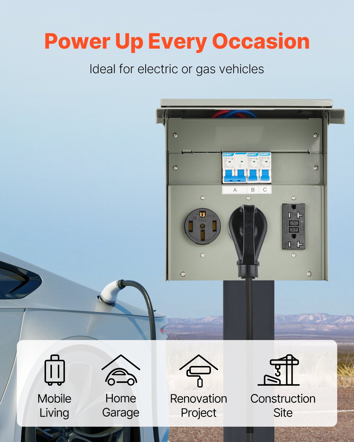 Temporary Power Outlet Panel for RV and Construction - 20/30/50 Amp Grey