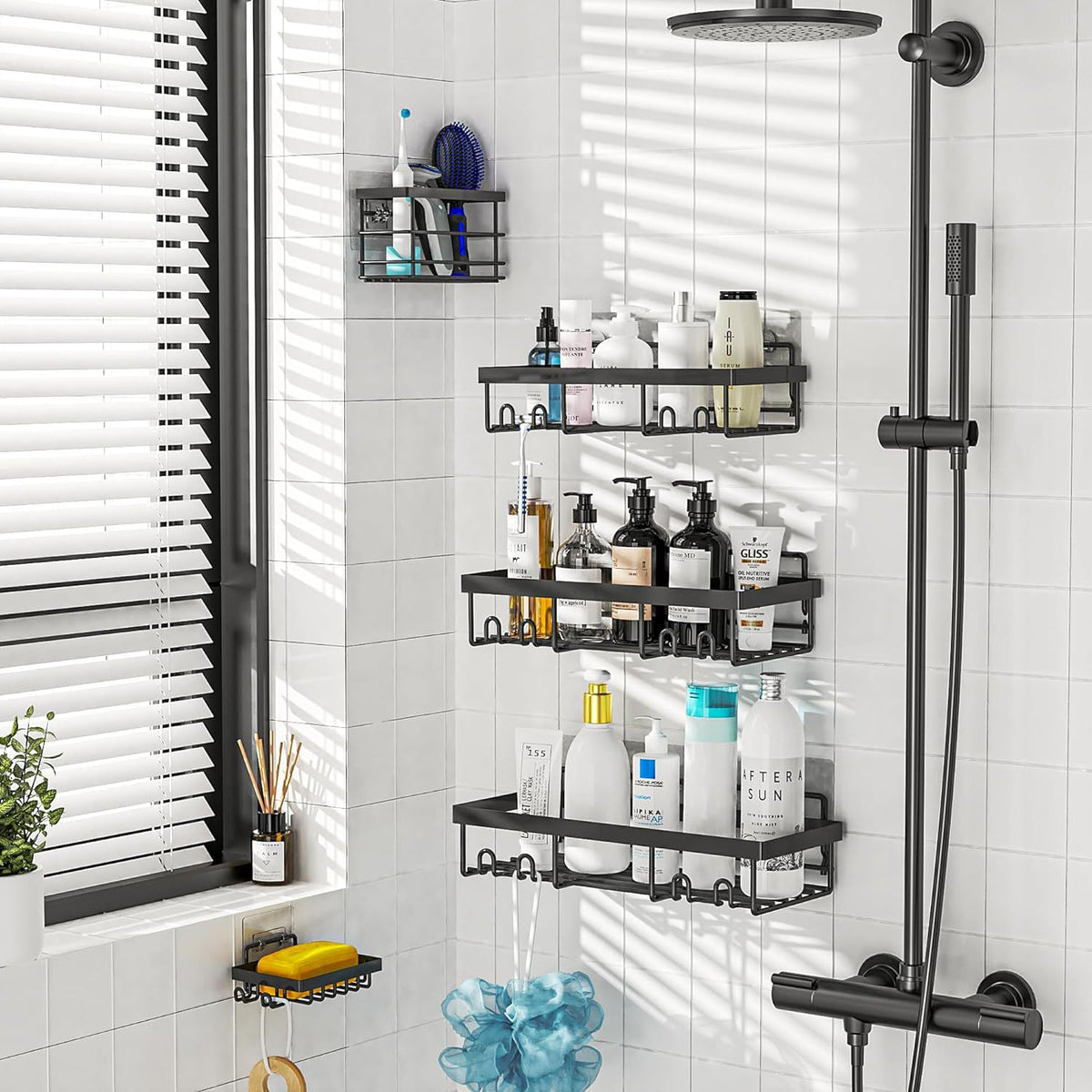 Punch-Free Wall Hanging Bathroom Storage Rack Set - Modern 5-Piece Black