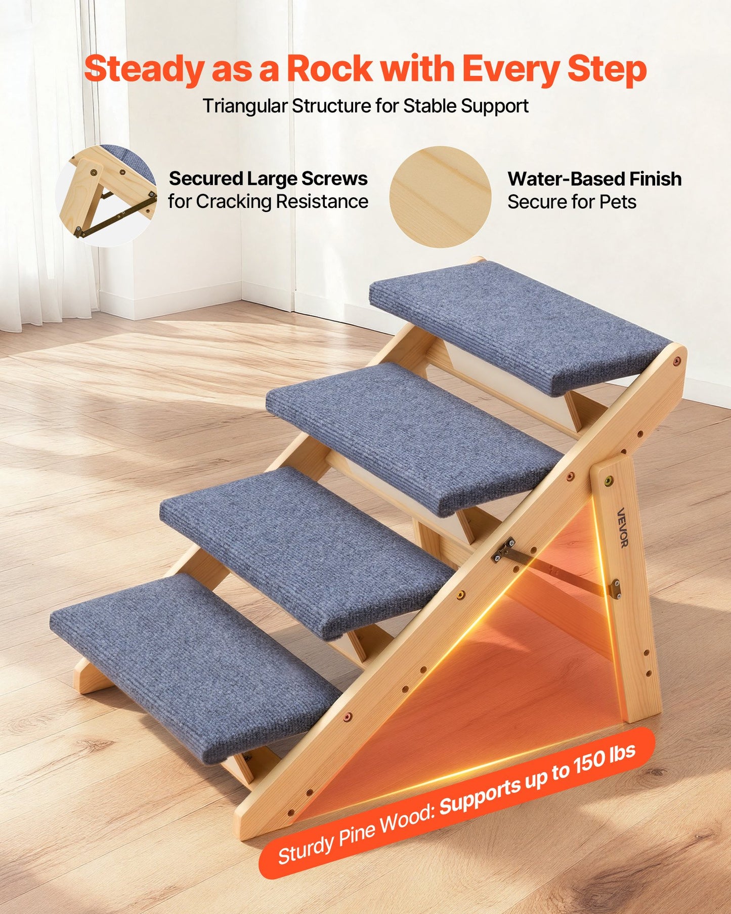 Wood Pet Stairs 4-Step Dog & Cat Ladder for Beds, Sofa & Car, Foldable & Sturdy
