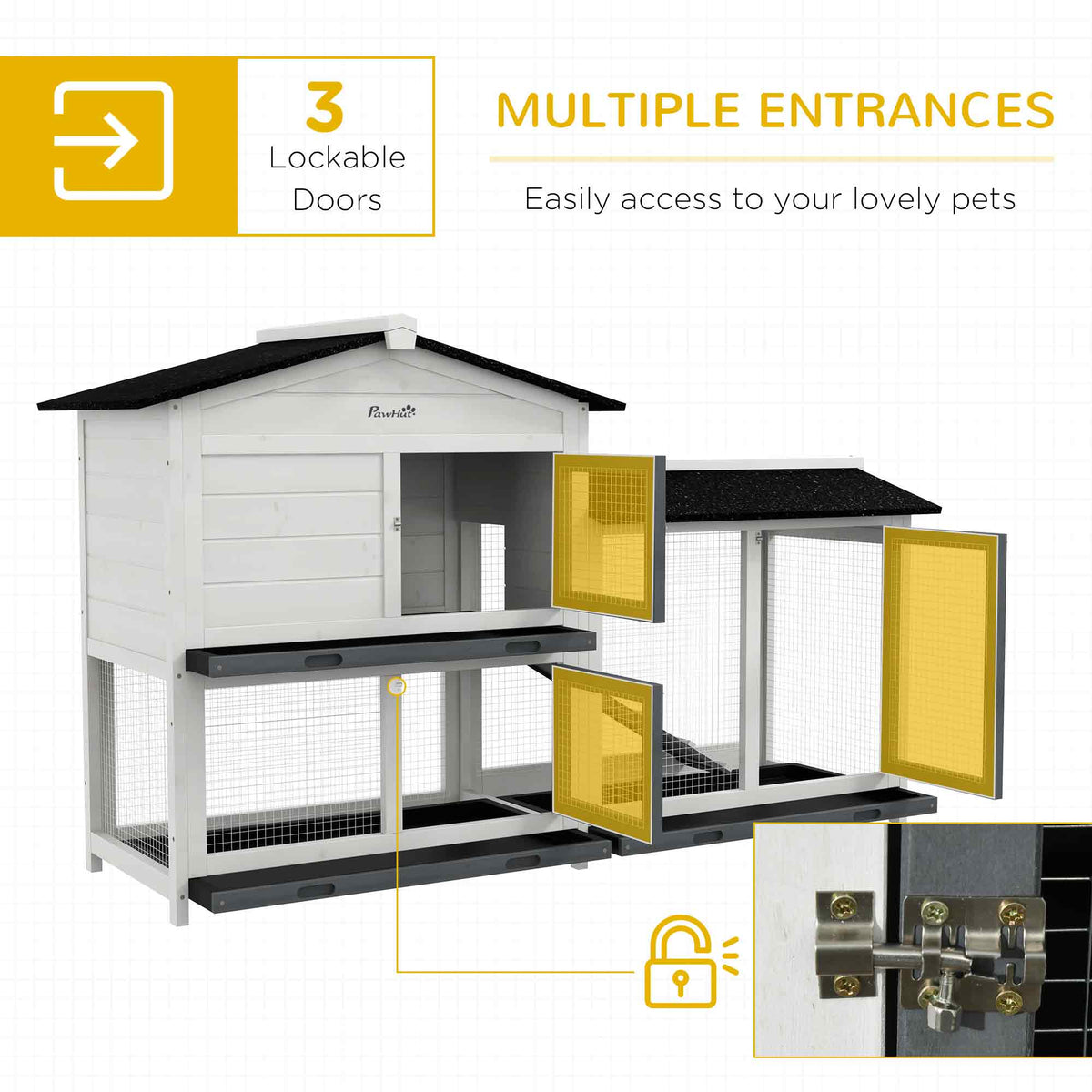 62-Inch Wooden Rabbit Hutch with Run, Removable Tray & Lockable Doors
