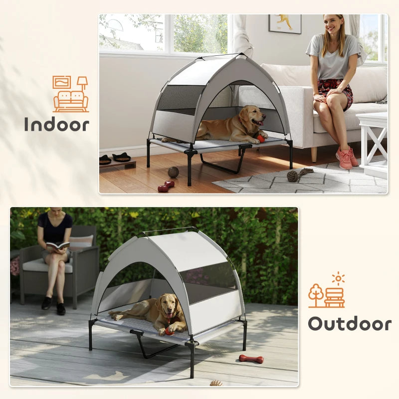 Outdoor Elevated Dog Bed with Canopy and Cooling Pad - Portable Waterproof Pet Cot