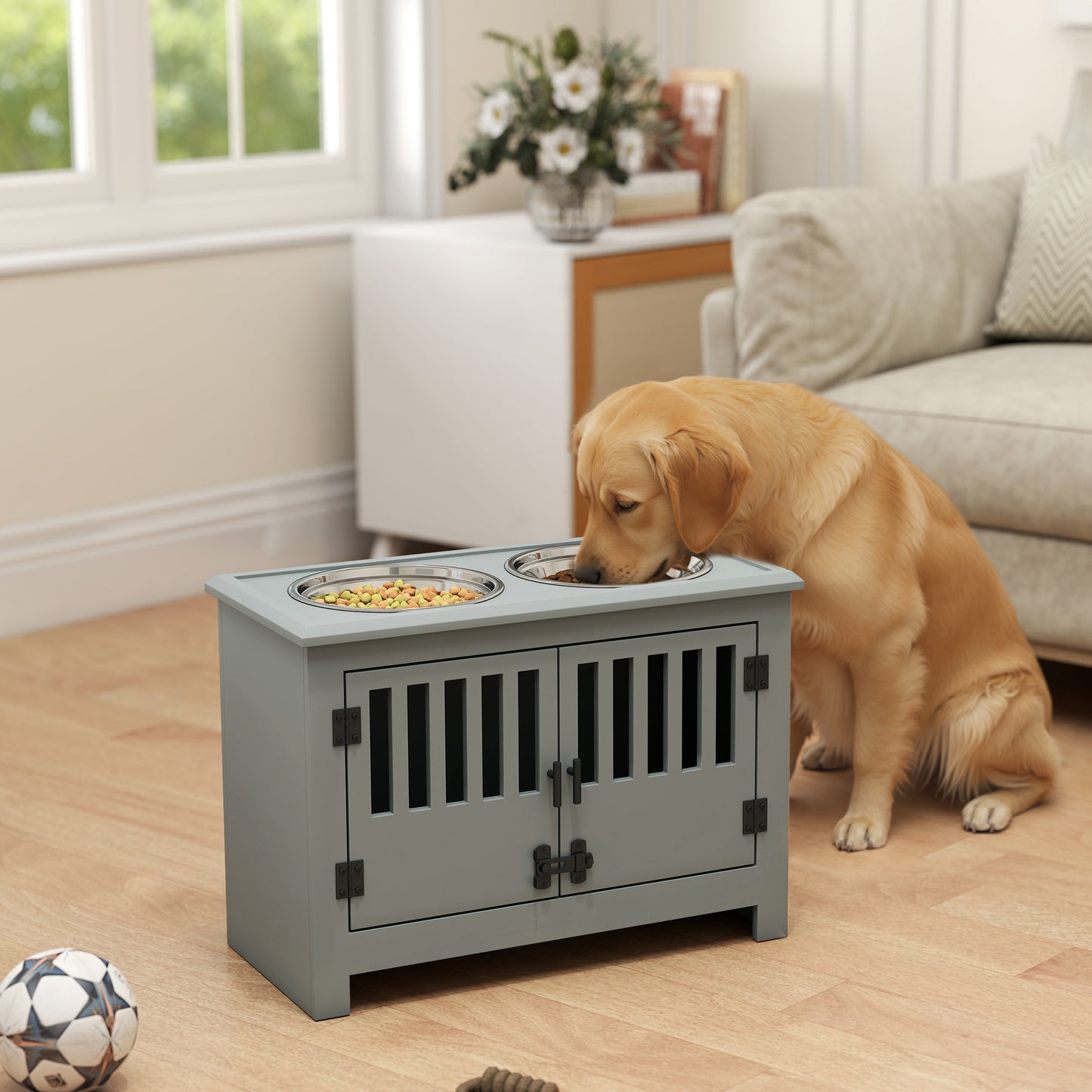 Dog Food Storage Cabinet with Bowls and Feeding Station - Gray