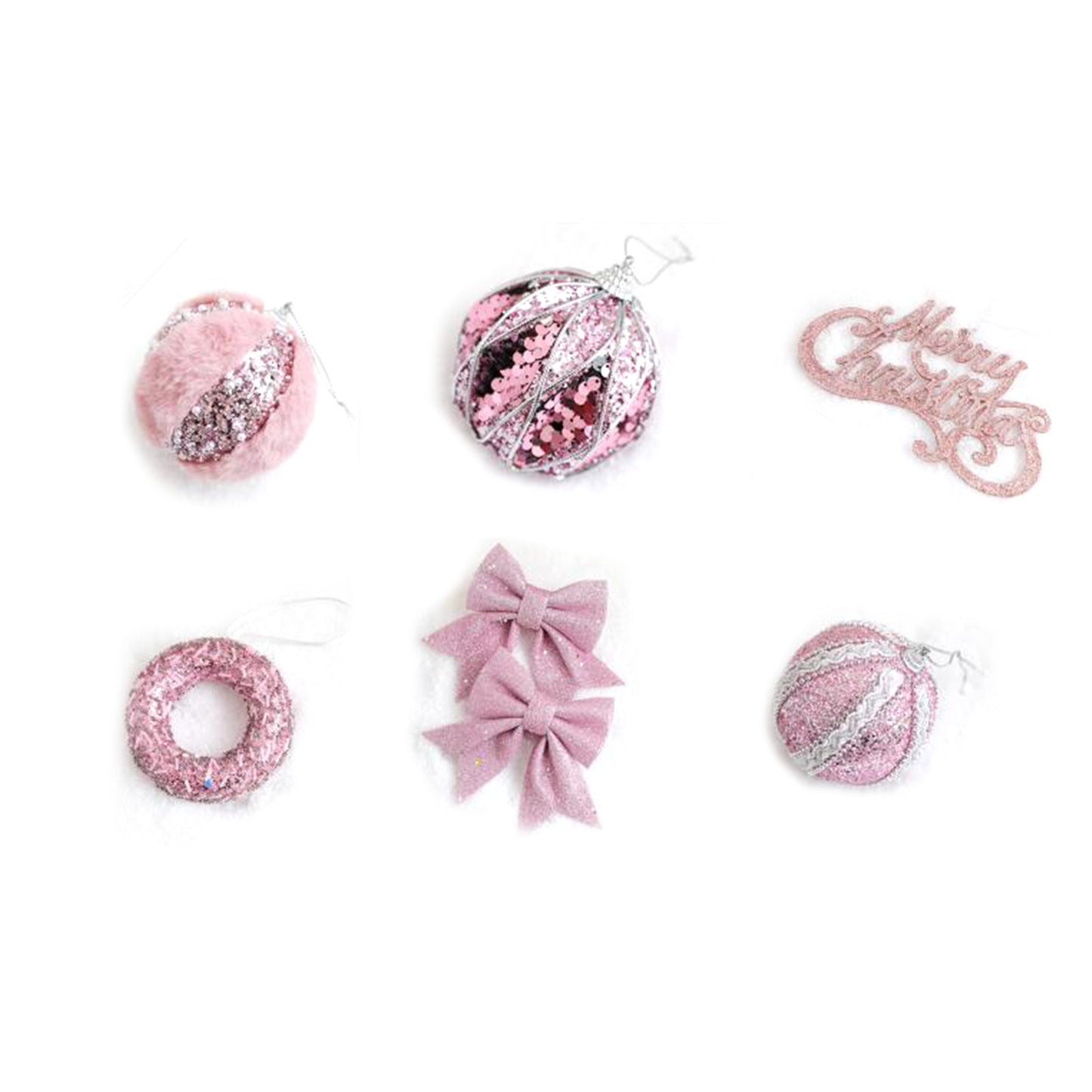 6-Piece Christmas Tree Decoration Set - Pink Plush Ornaments