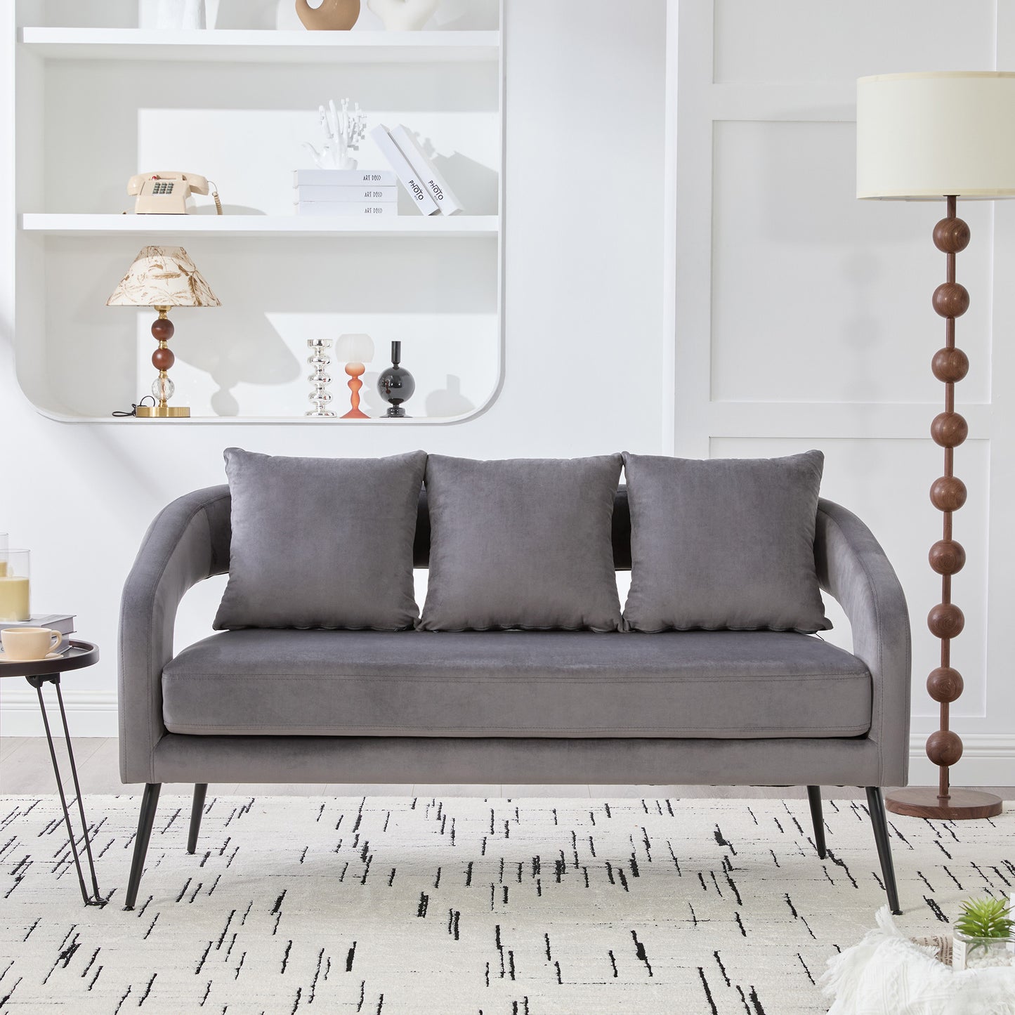 Modern Velvet Loveseat Settee with 3 Pillows - Charcoal