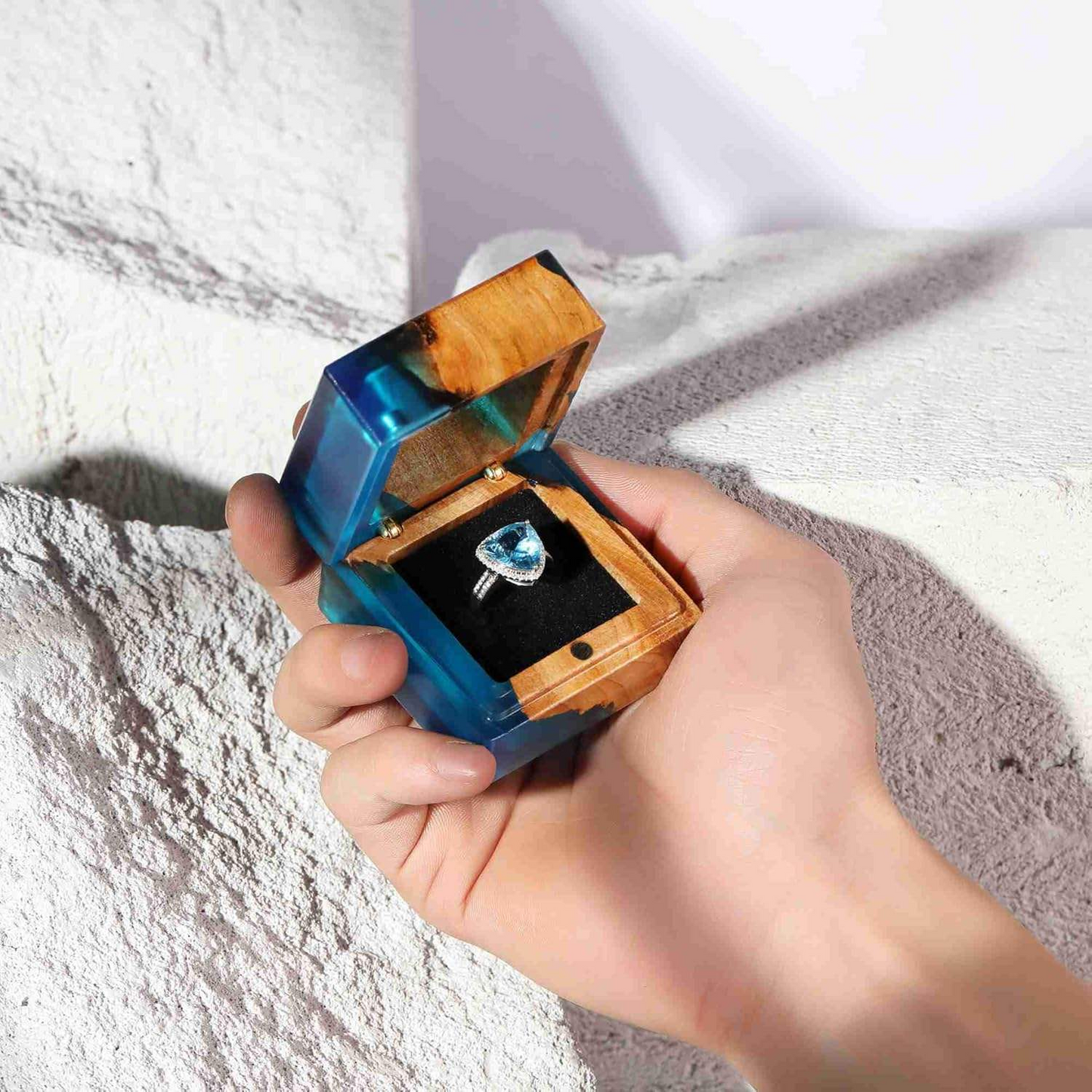 Wood Resin Ring Box - Blue Jewelry Storage Container for Engagement & Gift