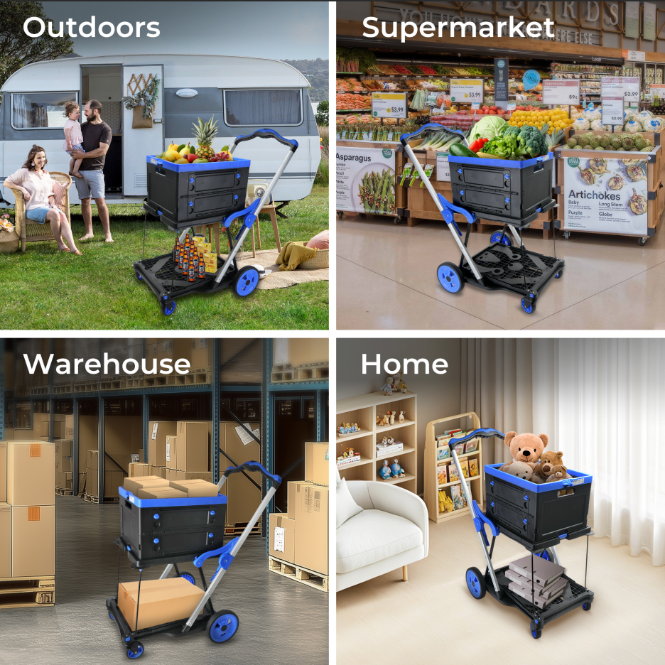 Heavy Duty Collapsible Shopping Cart with Wheels - Blue & Black