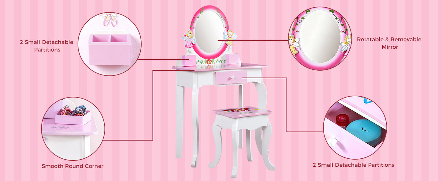 Kids Vanity Set Floral Printed Wooden Makeup Dressing Princess Table