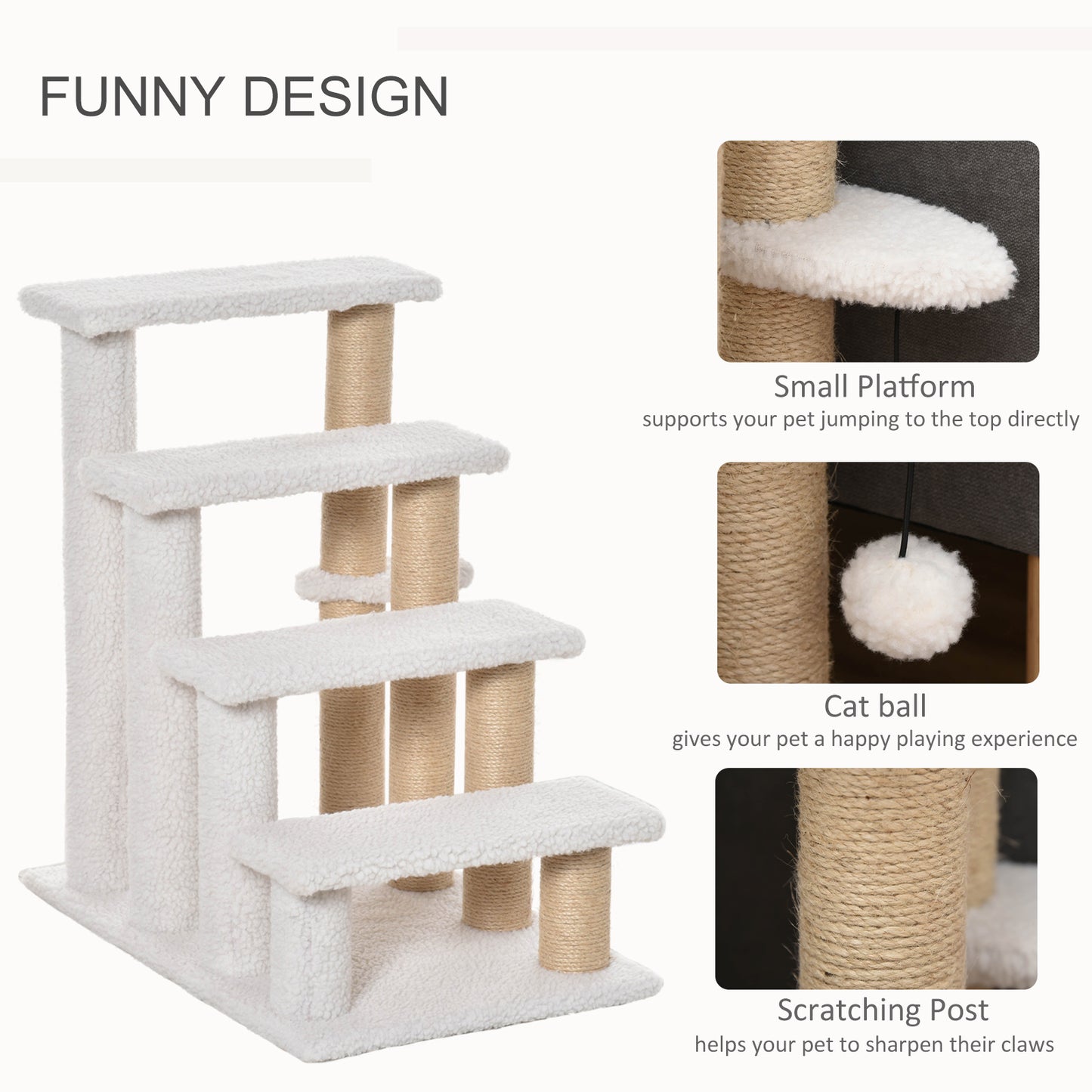 White 4-Level Cat Steps with Scratching Posts for High Beds and Sofas