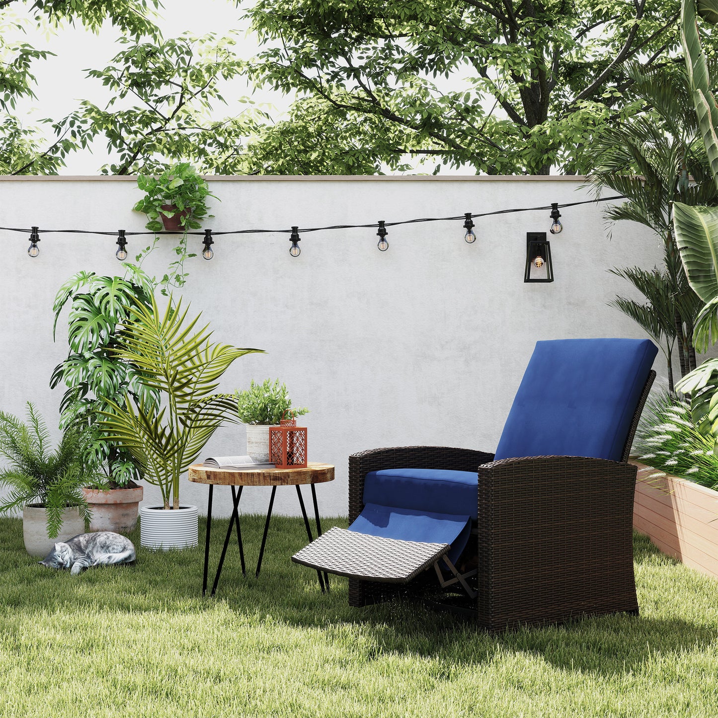 Outdoor Wicker Swivel Chair with Reclining Backrest & Footrest - Dark Blue
