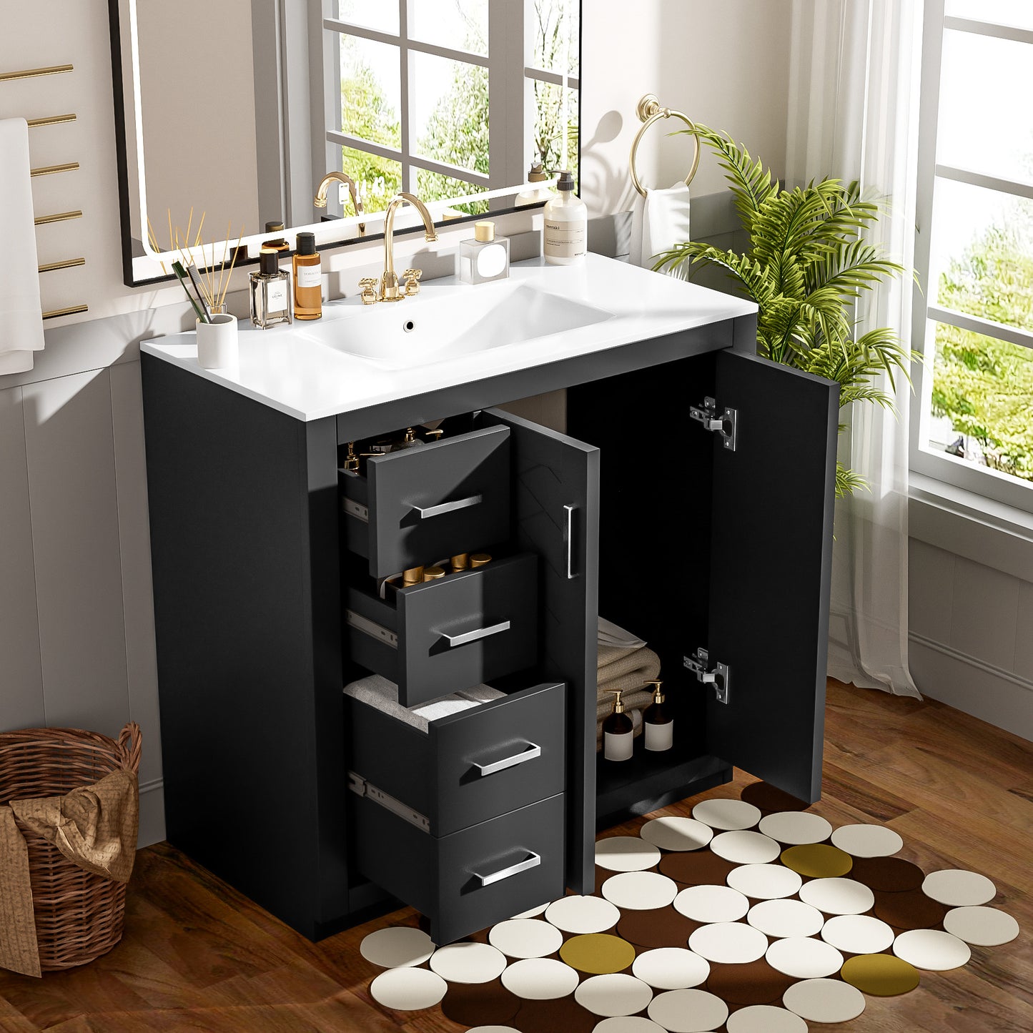 36-Inch Black Bathroom Vanity with Ceramic Sink & Soft-Close Drawers