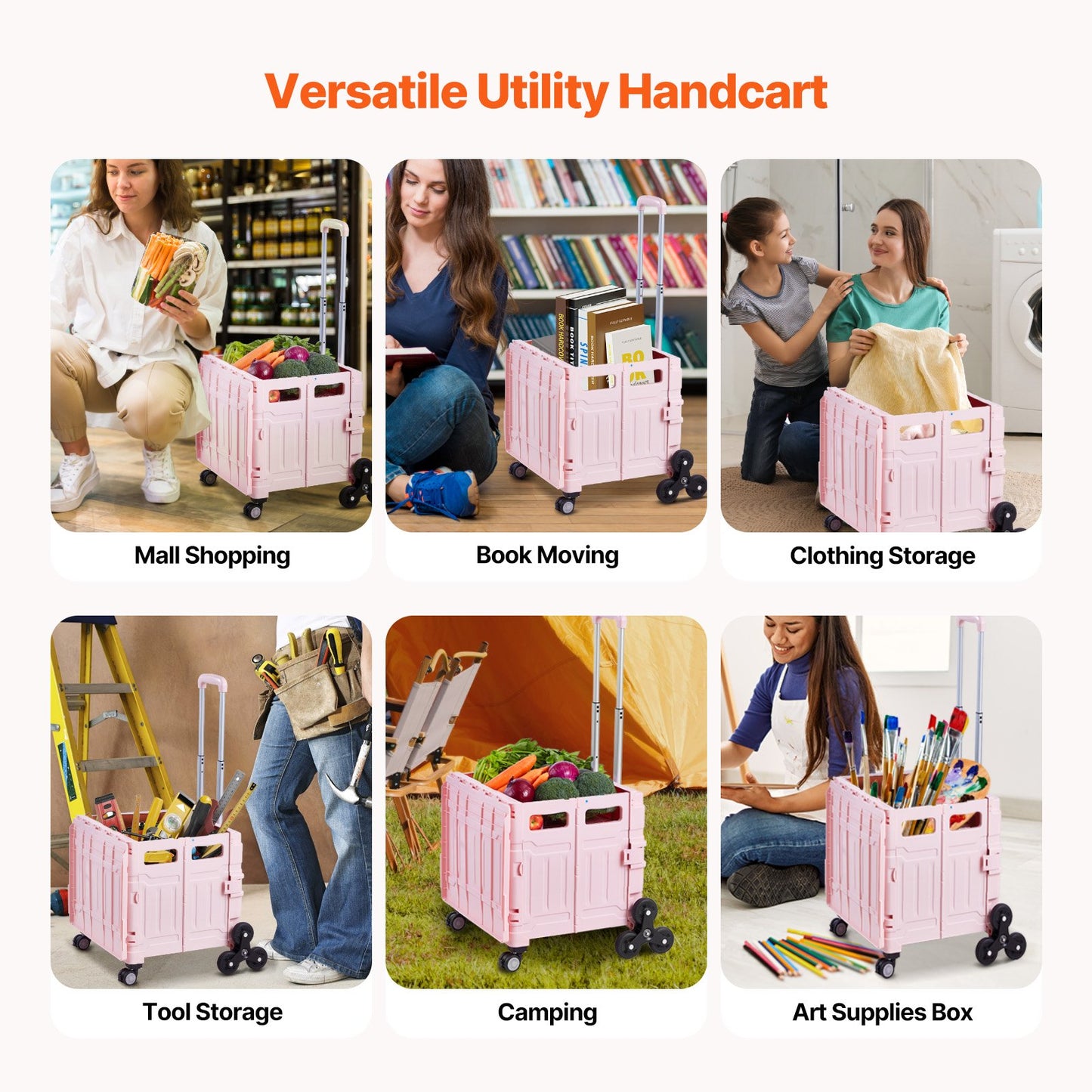 Foldable Stair Climbing Cart 65L with Pink Wheels - Collapsible Rolling Crate for Garden & Household