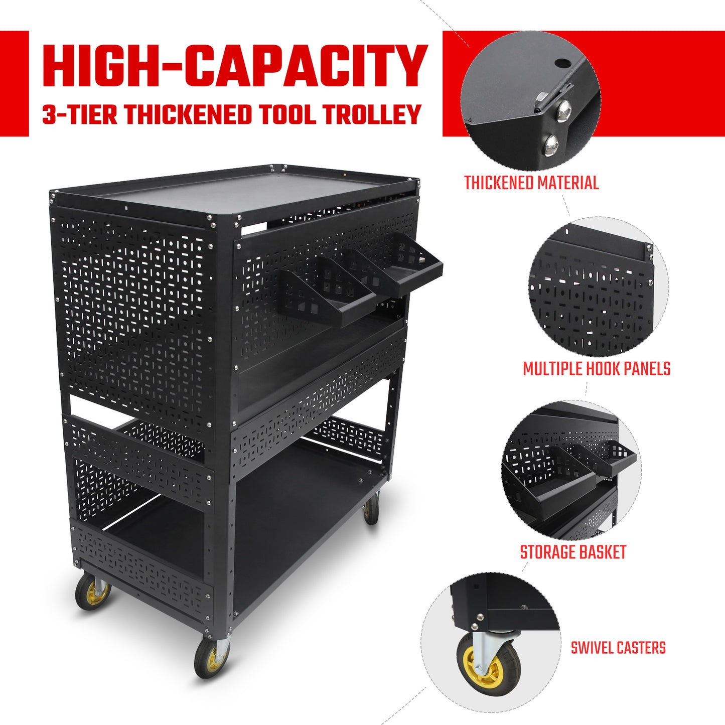 Detachable Utility Cart with 3 Shelves and Pegboard Storage - Black