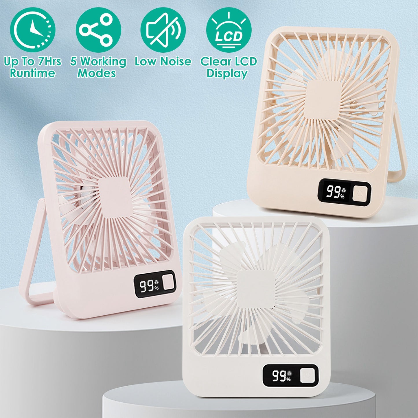 Rechargeable Mini Desktop Cooling Fan with LCD Display - 5 Modes