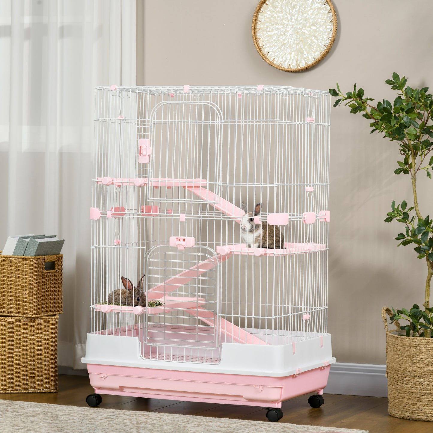 Small Animal Cage with Wheels & Slide-Out Tray for Rabbits, Chinchillas, Ferrets - Pink, 32 Inches