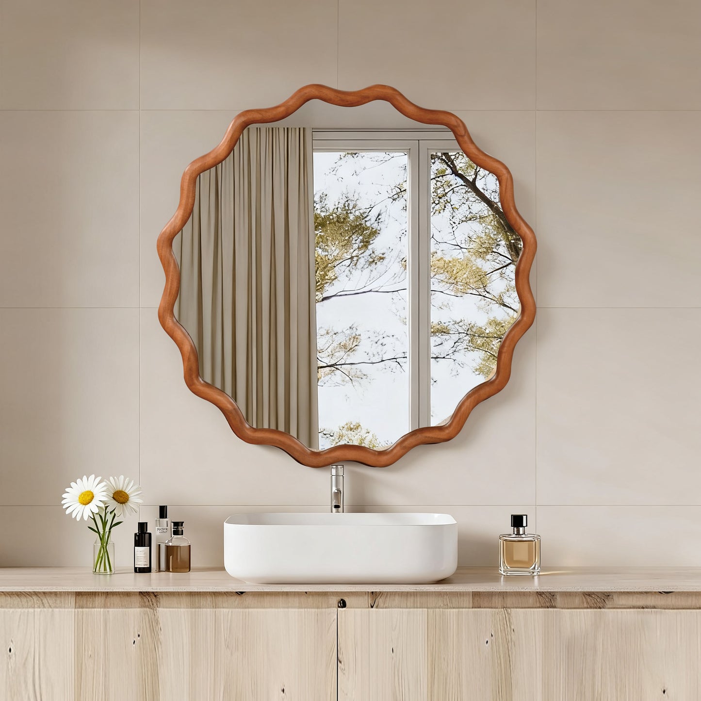 30 Inch Wavy Round Solid Wood Frame Decorative Mirror - Yellow Brown