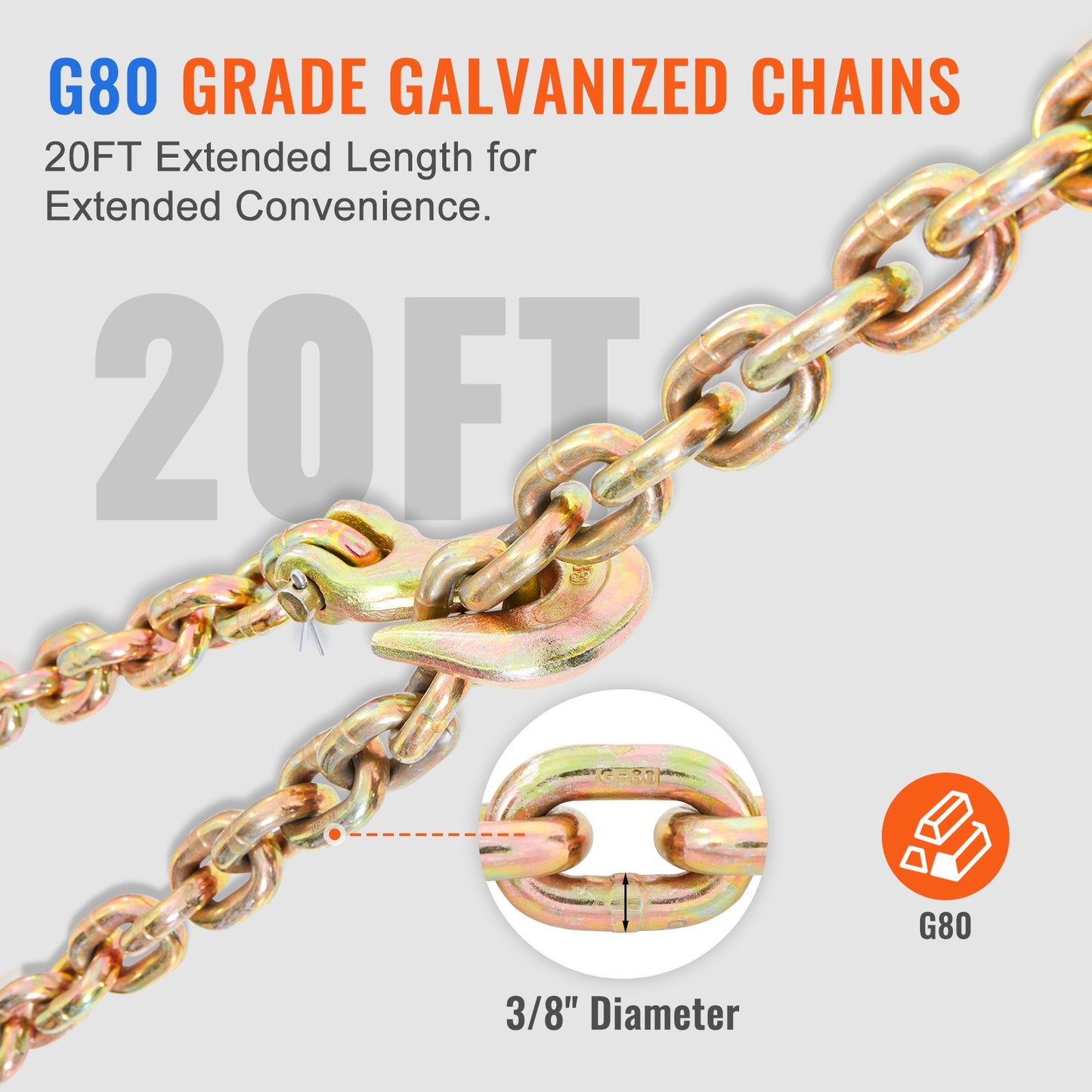 Heavy Duty Ratchet Chain Binder 2PCS with G80 Chains 12,000 lbs Load Limit - Yellow