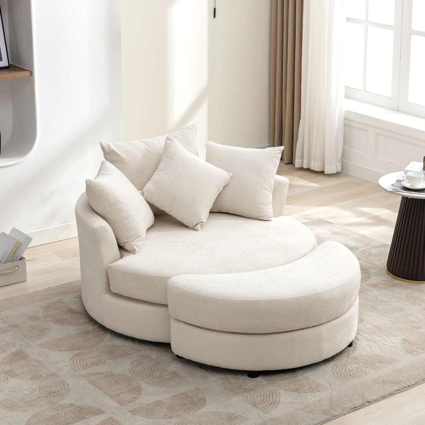 360° Swivel Accent Barrel Chair with Storage Ottoman & 4 Pillows - Cream