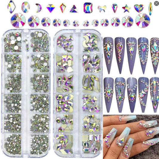 12-Grid Crystal Nail Art Decoration Set - Water Drop & Heart Shapes
