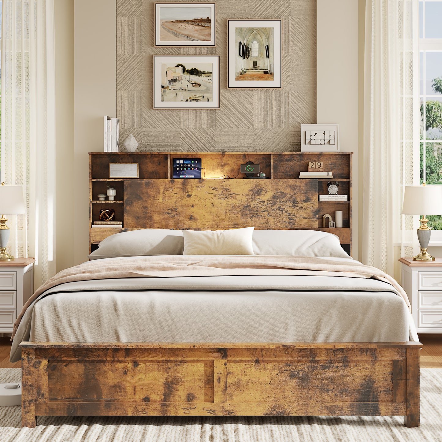 Queen Wood Platform Bed Frame with Bookcase Headboard & LED