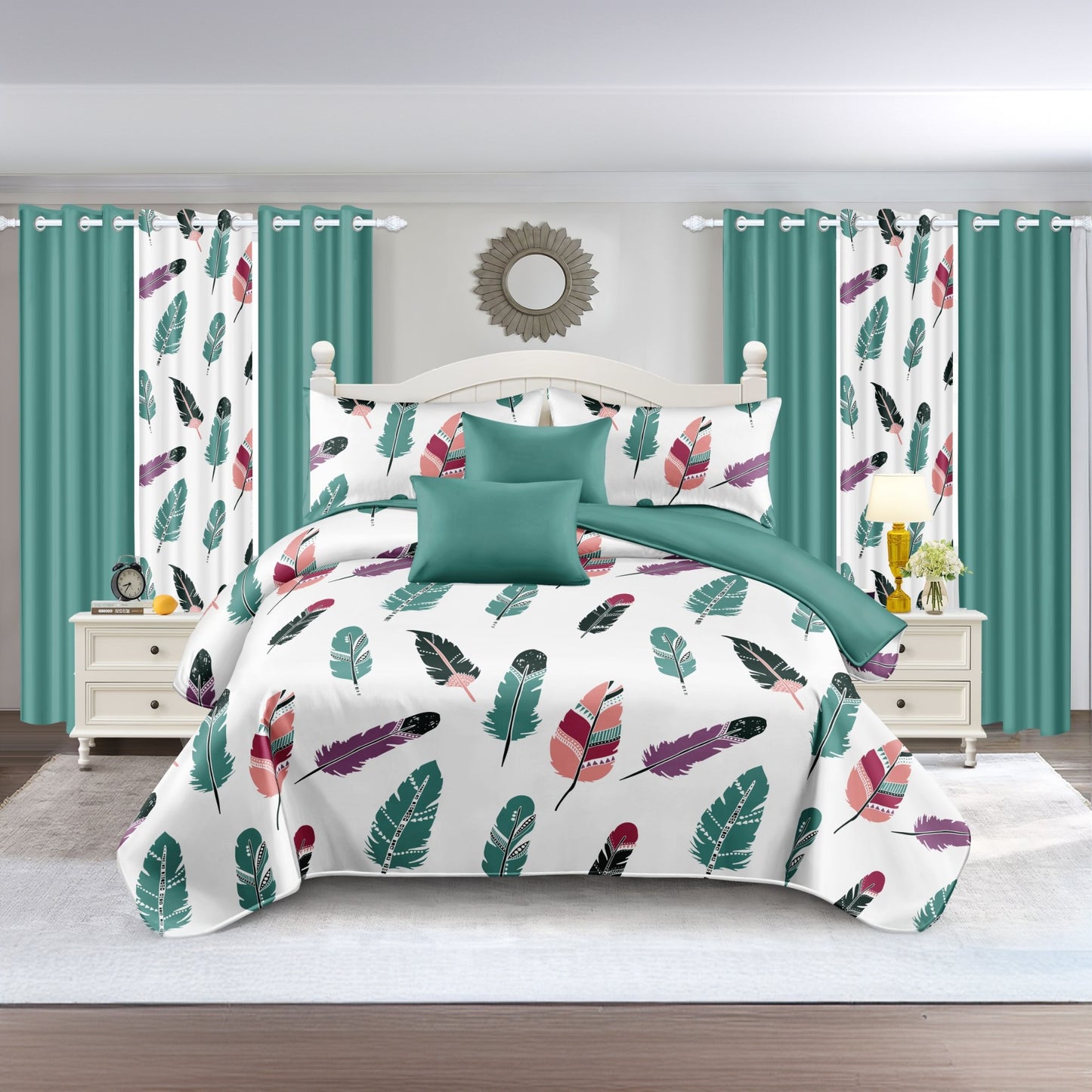 9-Piece Boho Feather Print Quilt & Curtain Set with Customizable Panels