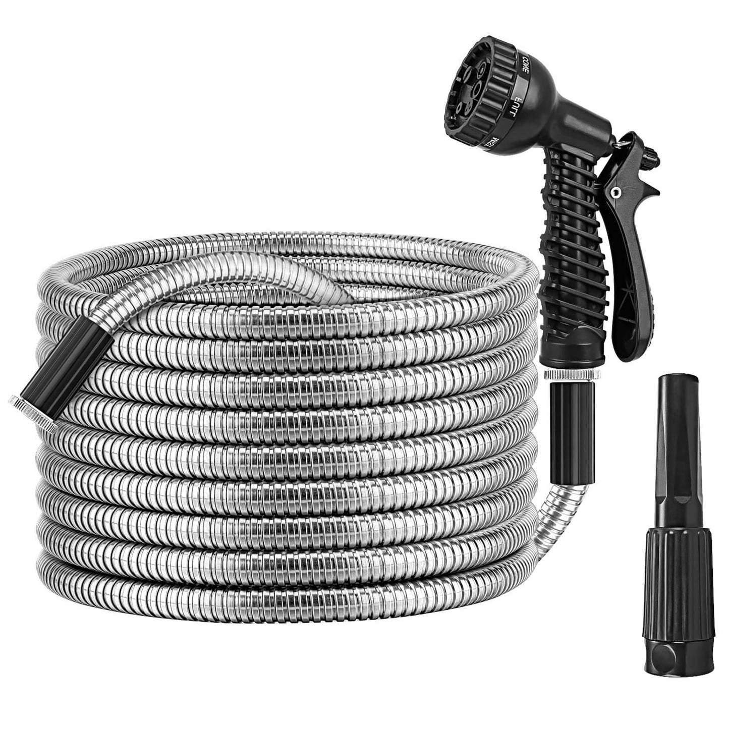 Heavy Duty Stainless Steel Garden Hose with 7-Pattern Nozzle - Flexible & Puncture Resistant