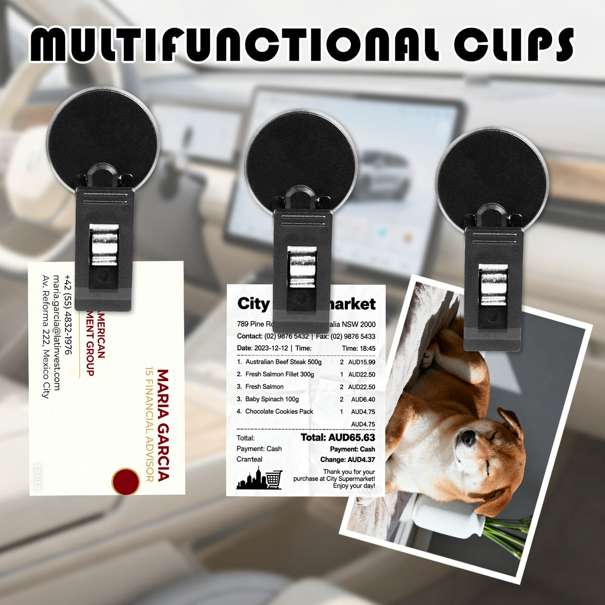 Car Sun Visor Ticket Holder with Suction Cup and Clip - Black
