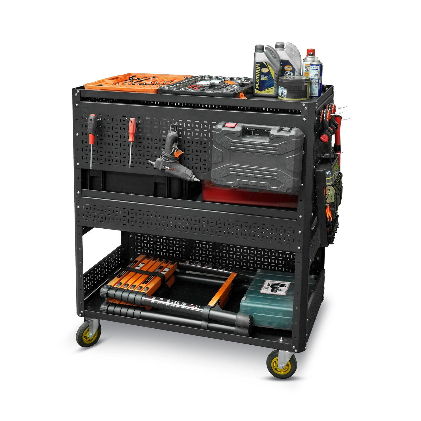 Detachable Utility Cart with 3 Shelves and Pegboard Storage - Black