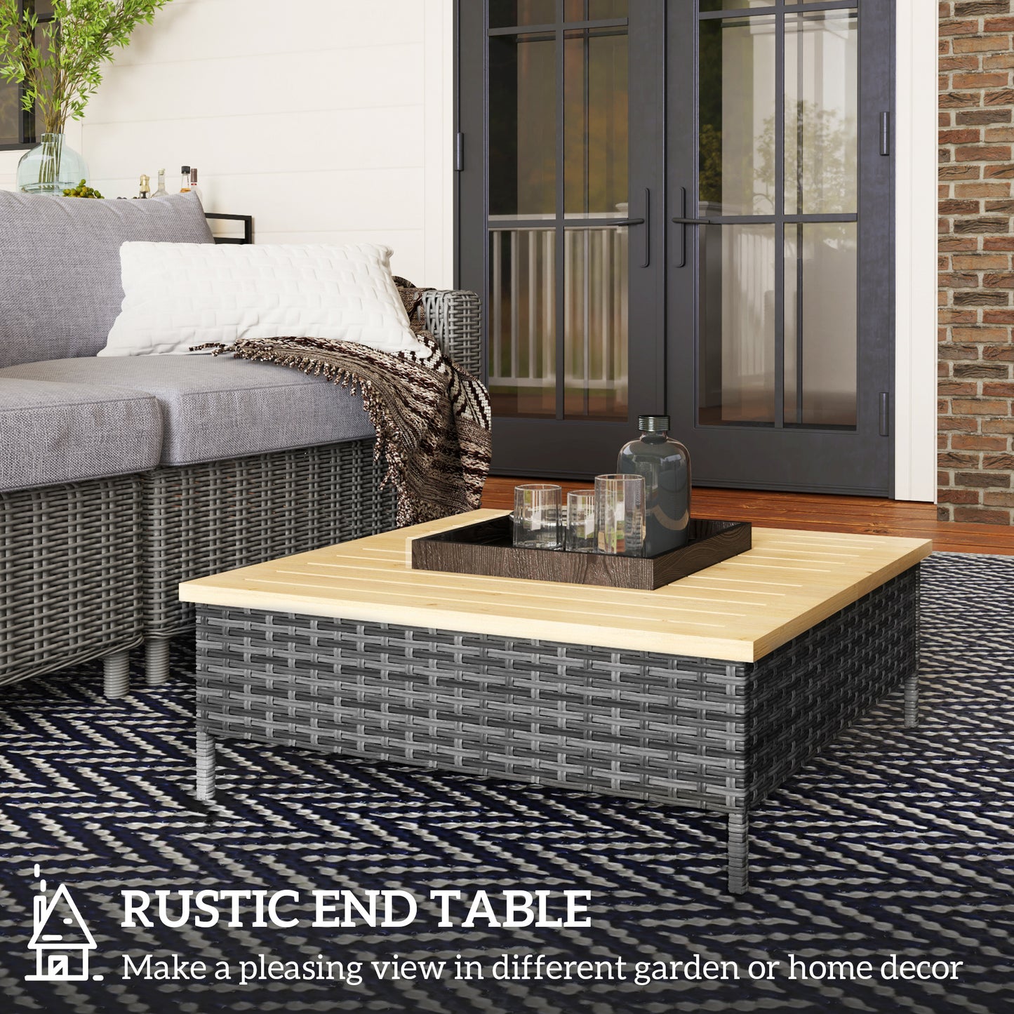 Outdoor Side Table with Gray PE Rattan & Fir Wood Top
