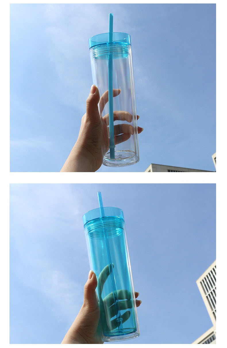 Large Capacity Double-Layer Drinkware Cup with Straw - Multiple Colors & 710ml