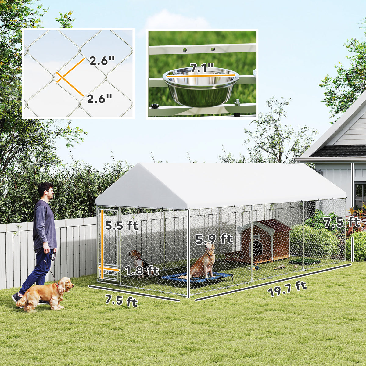 Outdoor Dog Kennel with Rotatable Bowl Rack Waterproof UV Cover 19.7x7.5x7.5 ft