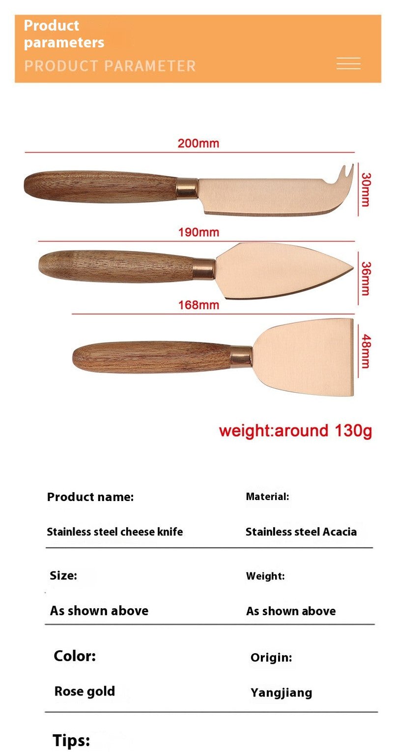 Stainless Steel Cheese Scraper Set with Wooden Handles - Rose Gold, 3 Pieces