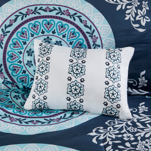 Queen Boho Comforter Set with Bed Sheets - Navy