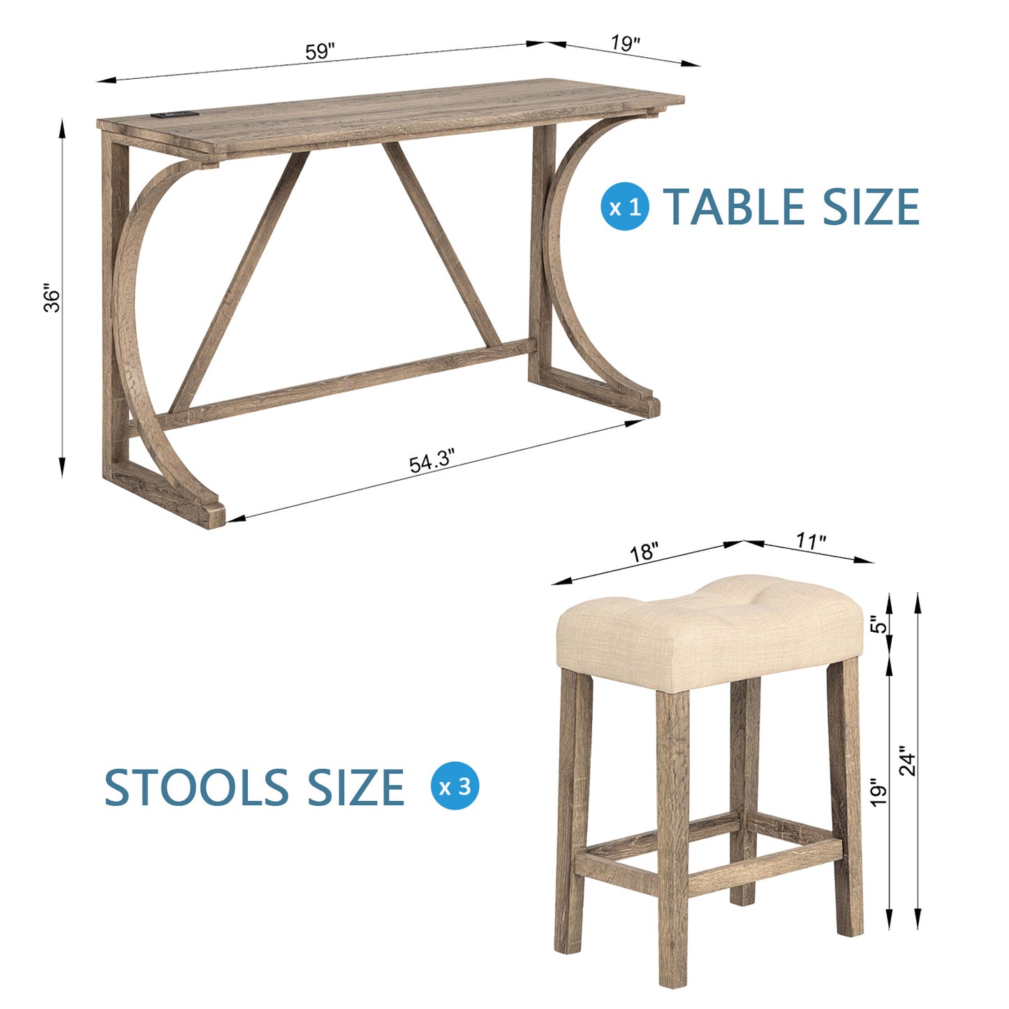 Bar Table Set with Power Outlet - 4-Piece Dining Set with 3 Stools, Brown