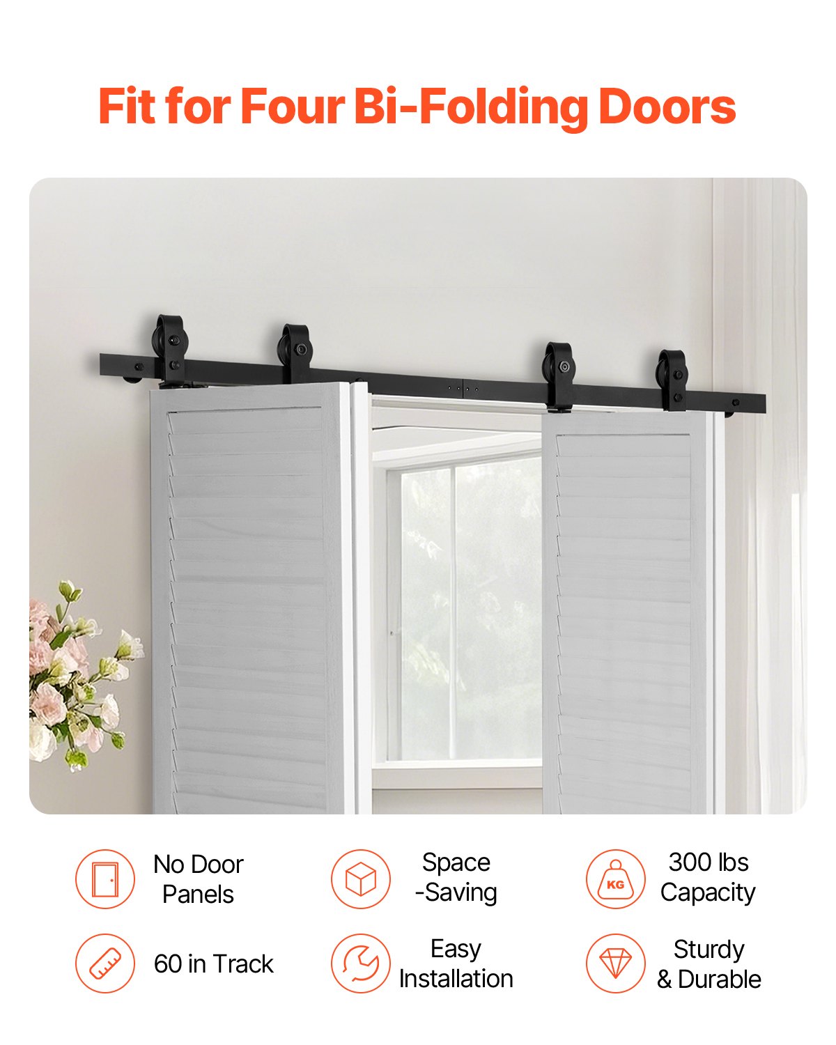Bi-Folding Barn Door Hardware Track Kit 60 Inch for Heavy Doors - Black