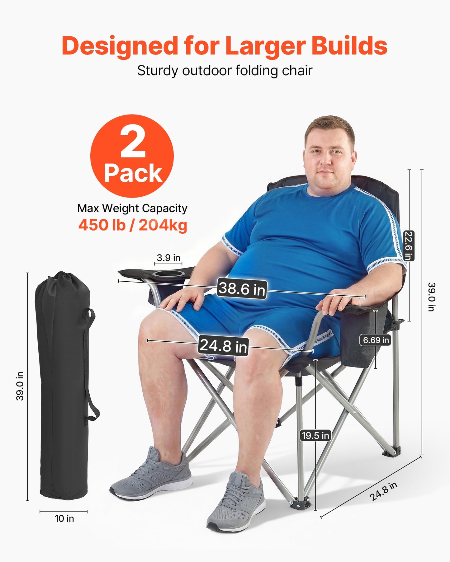 Heavy Duty Camping Chairs 450 Lb Support Portable Folding with Padded Backrest & Armrests – 2 Pack
