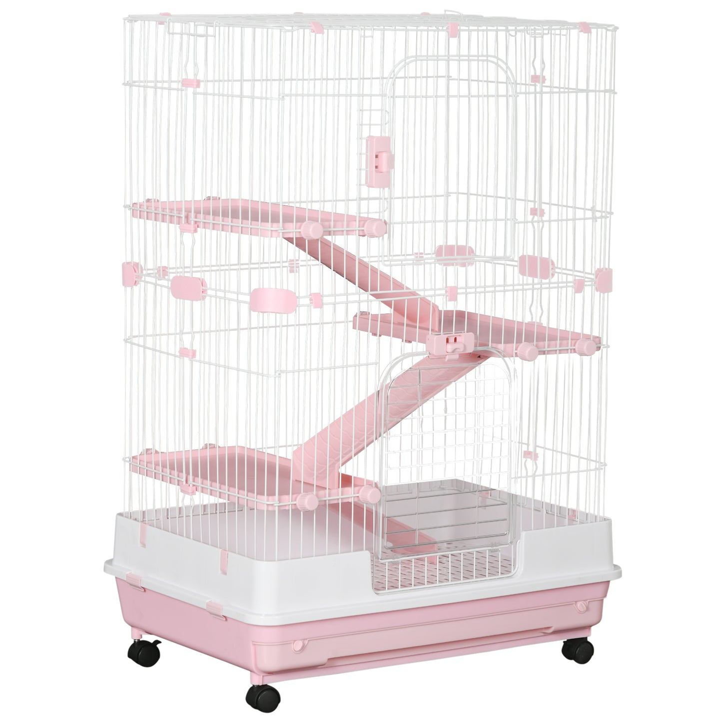 Small Animal Cage with Wheels & Slide-Out Tray for Rabbits, Chinchillas, Ferrets - Pink, 32 Inches