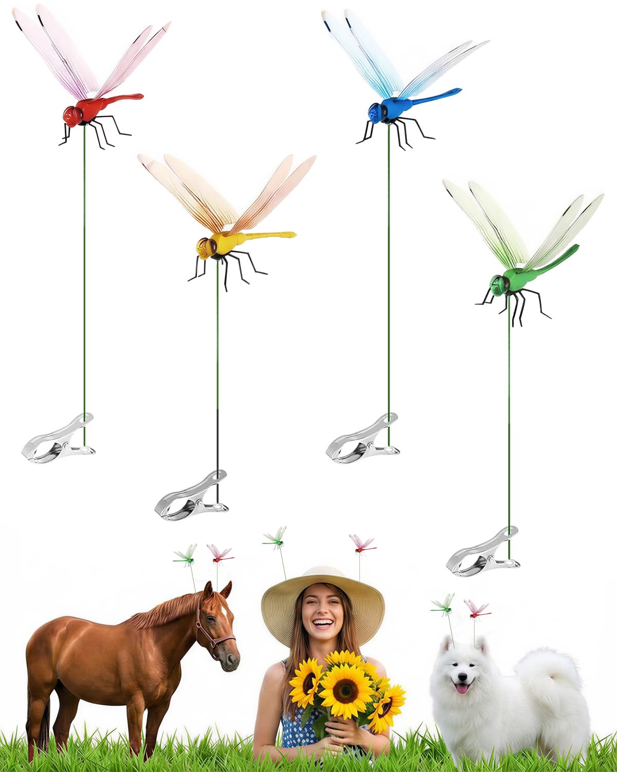 4 Pack Dragonfly Decoys for Bug Prevention - Realistic Insect Deterrent Clips for Garden & Horse Protection