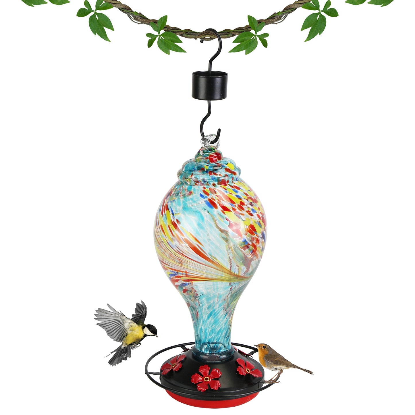 Glass Hummingbird Feeder 33OZ with 5 Flower Feeding Ports & Ant Moat - Garden Decor