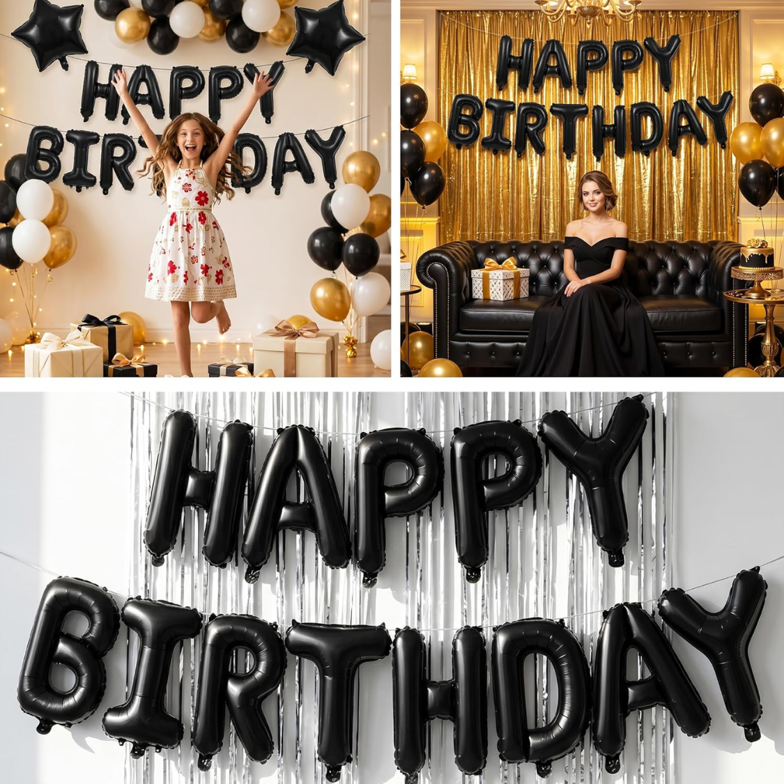 Black Happy Birthday Balloon Banner - 16 Inch Mylar Foil Letters