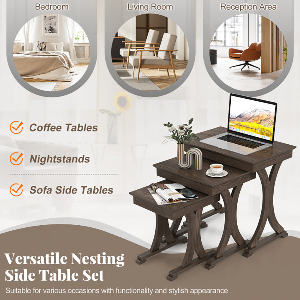 3 Pieces Nesting Coffee Table Side With Solid Rubber Wood Legs For