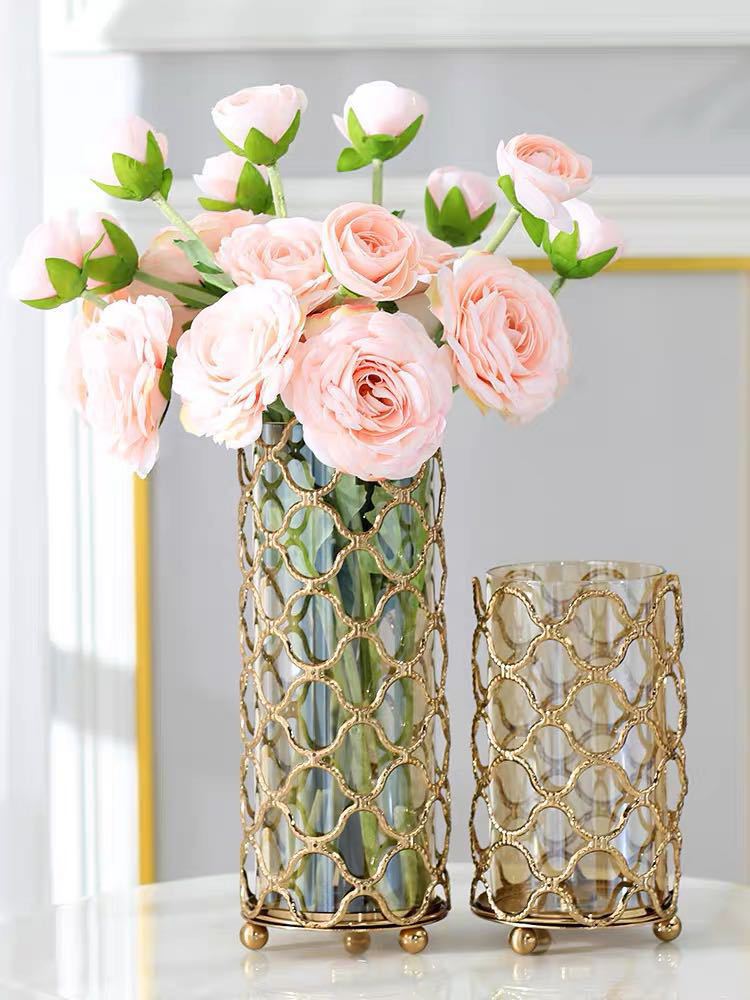 Hollow Out Glass Vase with Golden Flower Arrangement Metal Stand - Home Decor