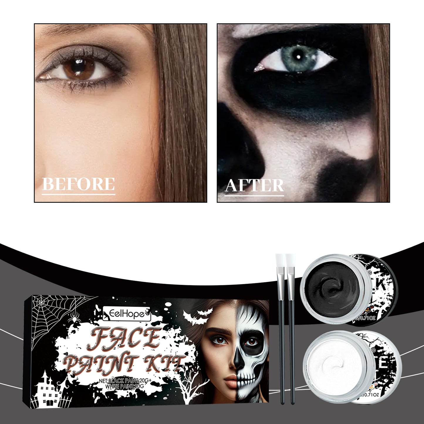Black and White Face Paint Kit for Halloween Skeleton Cosplay Makeup
