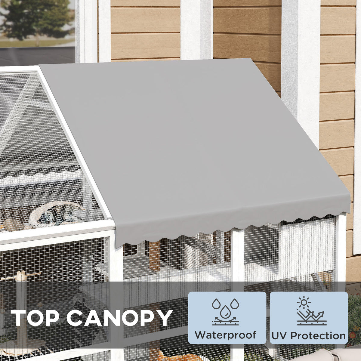 Outdoor Wooden Cat Enclosure with Waterproof Cover, 2 Condos & Platforms
