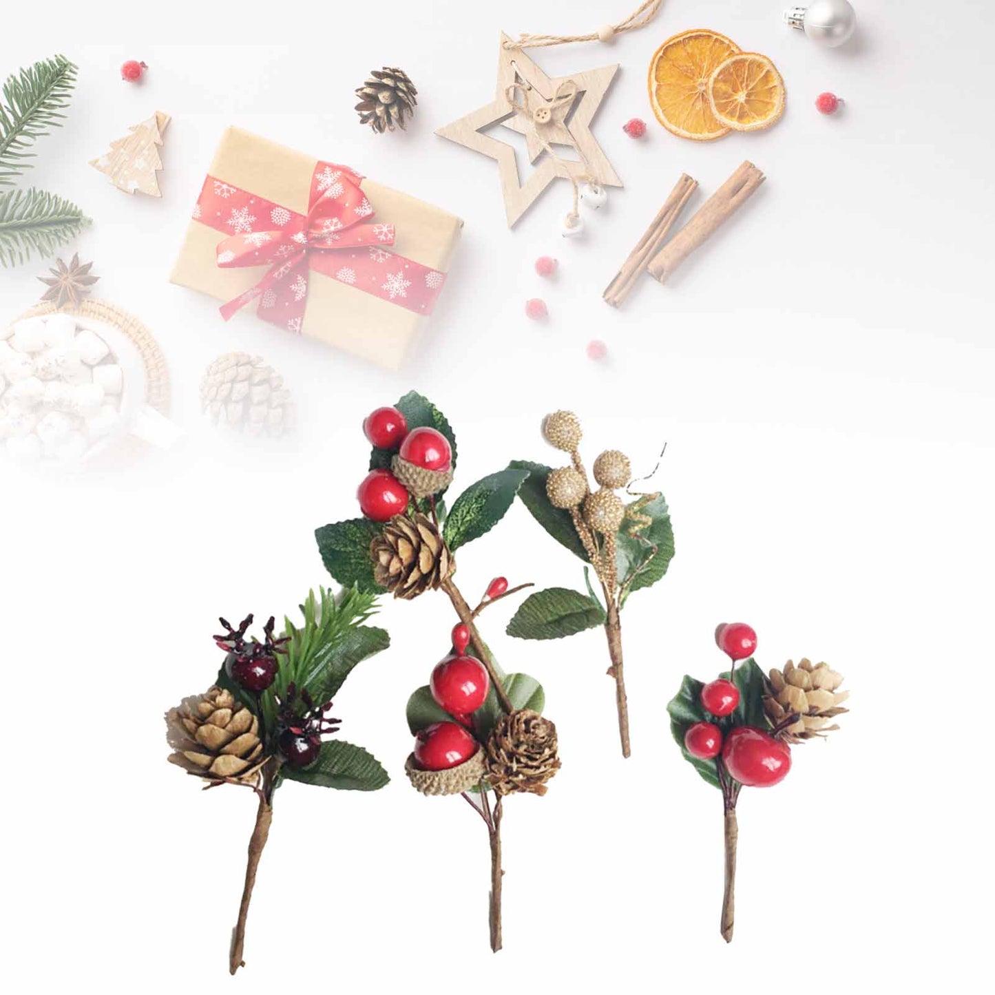 Artificial Flowers with Pine Cones and Red Berries - 12 Sets